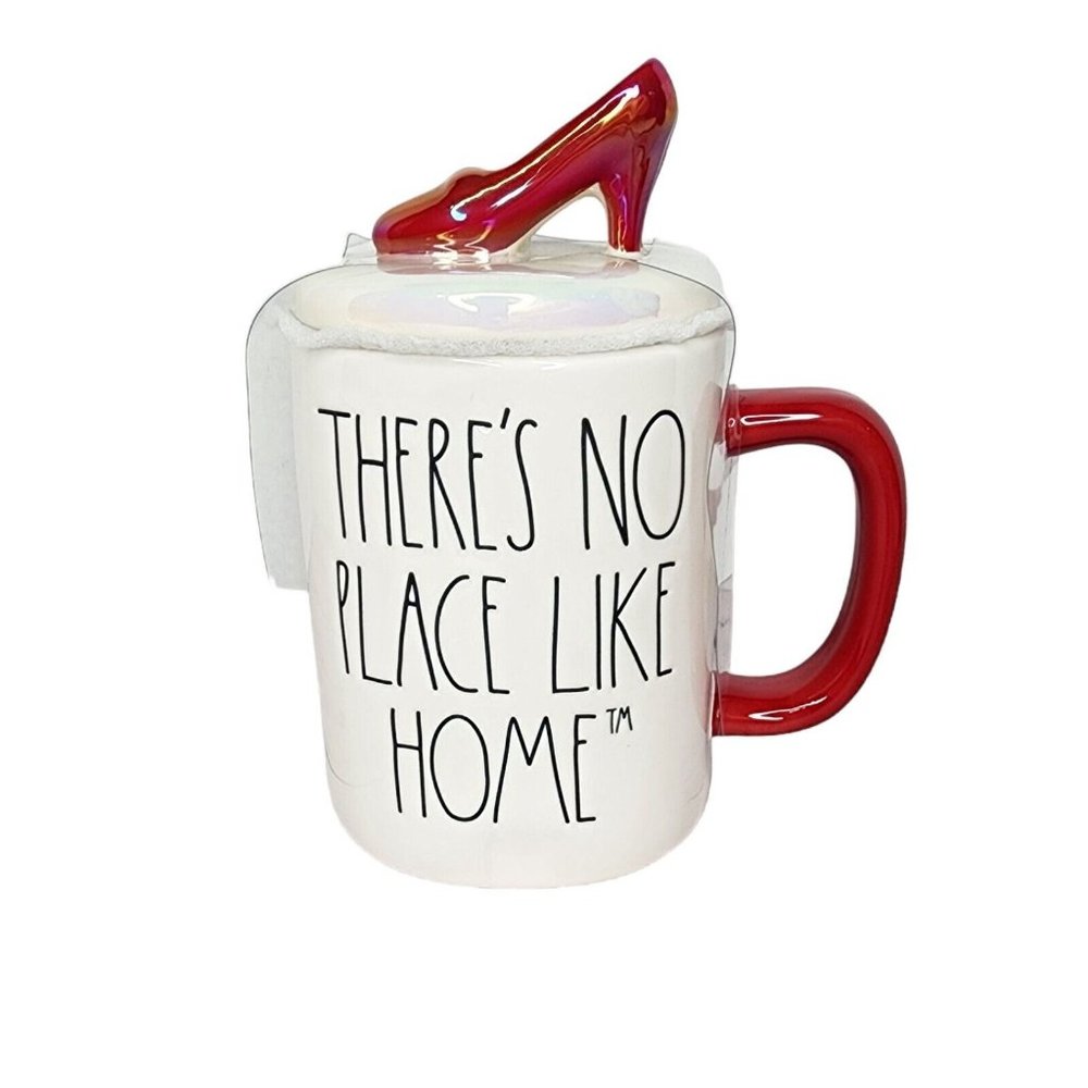 NWT Rae Dunn There’s No Place Like Home Double Sided Mug w/Glass Slippers Topper